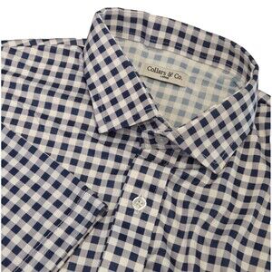 NWOT Collars & Co Mens L Quattro Flex Short Sleeve Button Down Navy Gingham